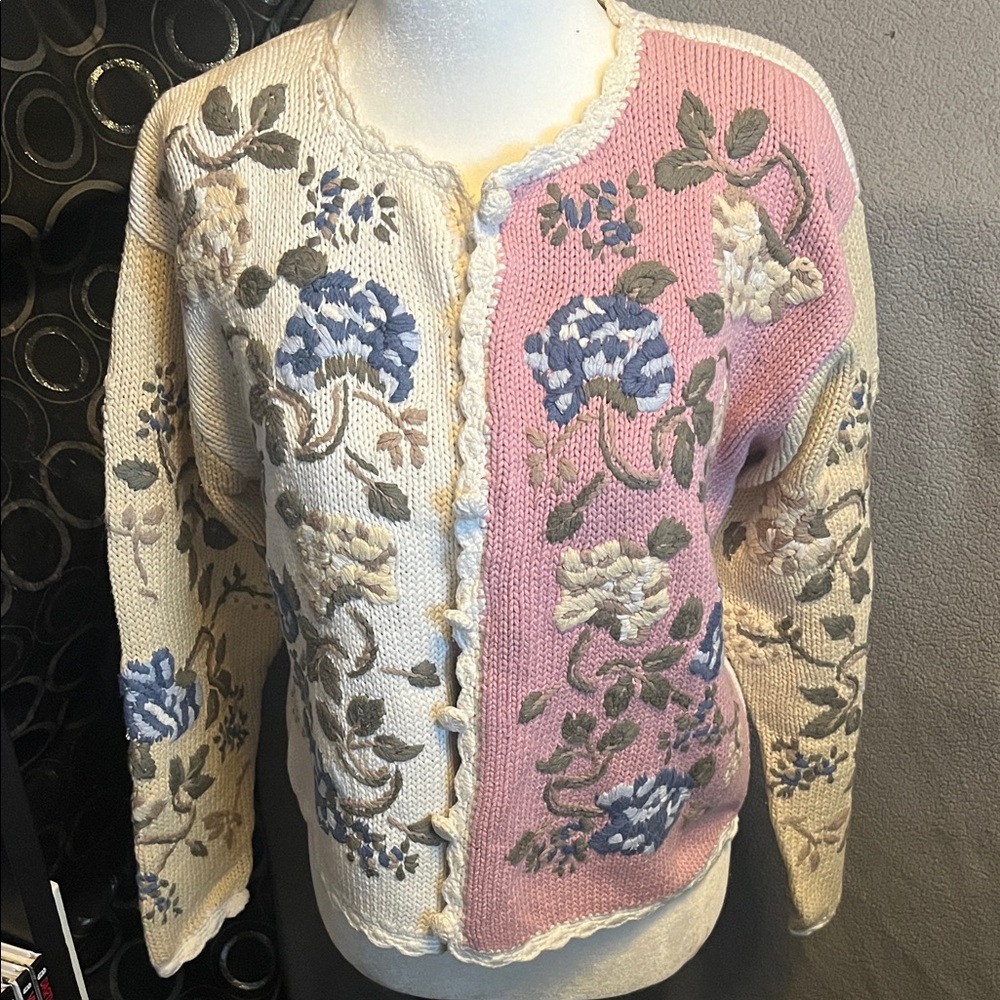 Floral Embroidered Cardigan Sweater - Pink and Cream